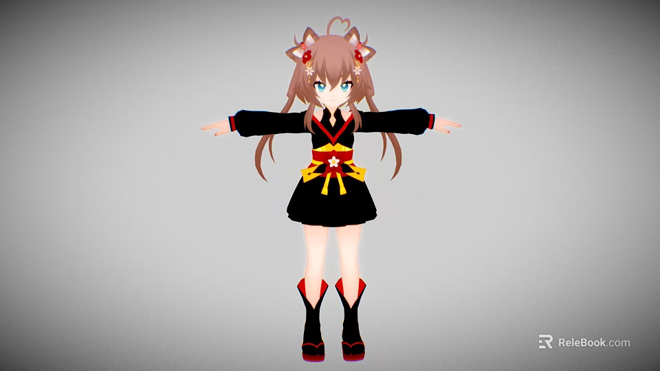 Anime Style Game Character With Cat Ears Blue Eyes Long Brown Hair And Black Dress 3d model 
