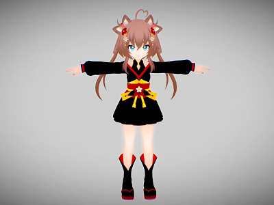 Anime Style Game Character With Cat Ears Blue Eyes Long Brown Hair And Black Dress 3d model