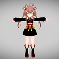 Anime Style Game Character With Cat Ears Blue Eyes Long Brown Hair And Black Dress