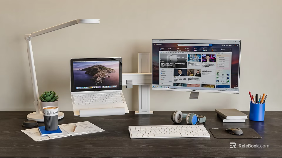 Modern Computer Workspace With Laptop Desktop Monitor Keyboard Mouse Desk Lamp And Potted Plant 3d model 