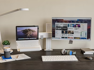 Modern Computer Workspace With Laptop Desktop Monitor Keyboard Mouse Desk Lamp And Potted Plant 3d model