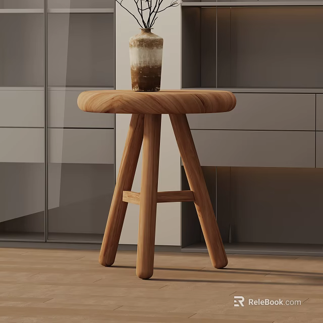Minimalist Wooden Side Table with Three Legs and Vase in Modern Interior 3d model 