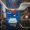 Store Front Desk With Blue Gold Textured Ceiling Red Phoenix Sculpture And Blue Wave Wall