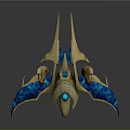 Futuristic Cosmic Spaceship with Golden Body and Blue Wing Structure in Aerospace Design