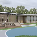 Modern Open Outdoor Pergola With Wooden Deck Relaxing Seating And Green Trees