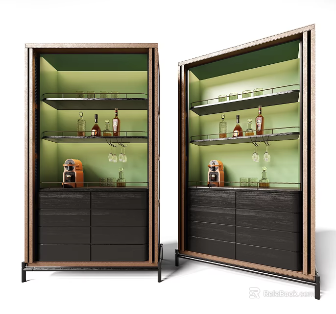 Modern Sideboard With Metal Frame Dark Cabinet Illuminated Interior Wine Bottles Glasses And Coffee Machine 3d model 