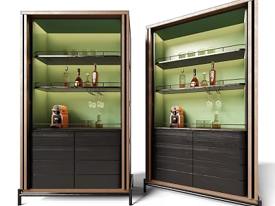 Modern Sideboard With Metal Frame Dark Cabinet Illuminated Interior Wine Bottles Glasses And Coffee Machine 3d model