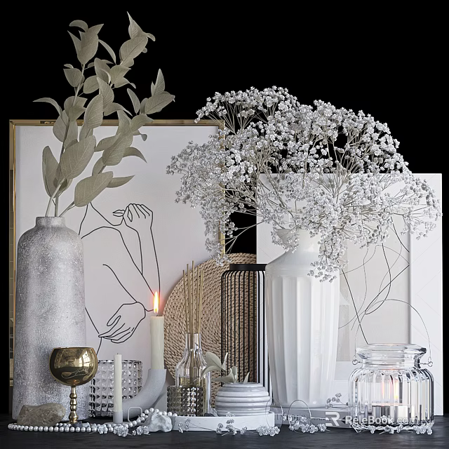 Elegant Decorative Ornament Set With Ceramic Vases Dried Flowers Candles And Art Prints 3d model 