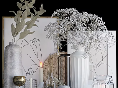 Elegant Decorative Ornament Set With Ceramic Vases Dried Flowers Candles And Art Prints 3d model