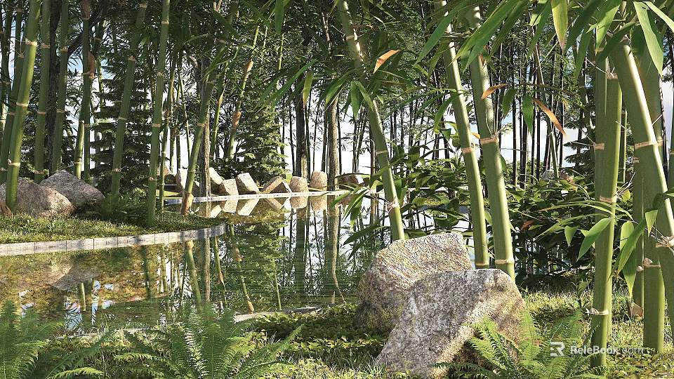 Tranquil Bamboo Forest Scenery With Pond Rocks And Lush Greenery 3d model 