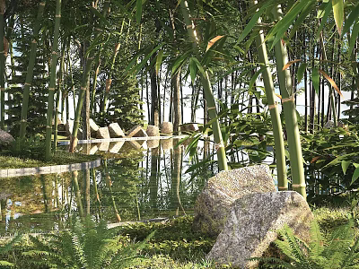 Tranquil Bamboo Forest Scenery With Pond Rocks And Lush Greenery 3d model
