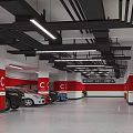Parking Garage Interior With Red Walls Entrance Exit Signs Left Turn Arrows And Parked Cars