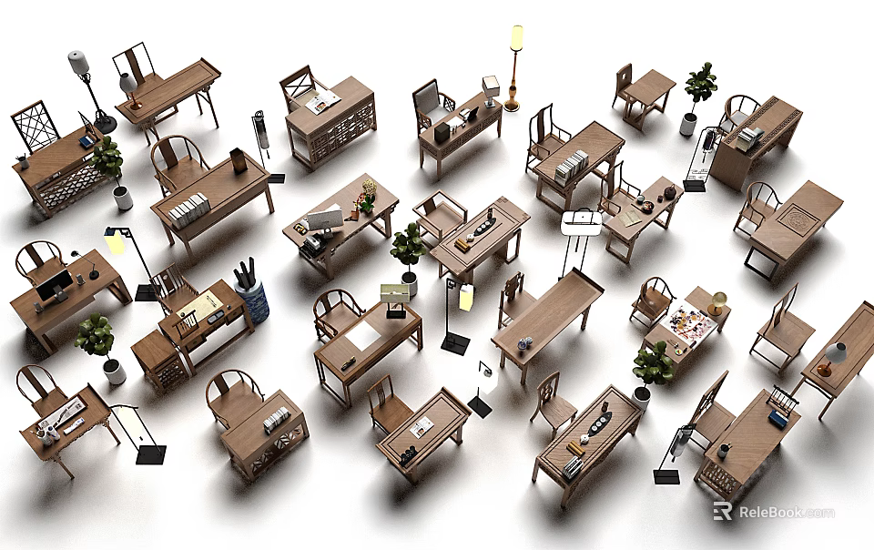 Various Wooden Table And Chair Sets With Decorative Plants And Lamps 3d model 