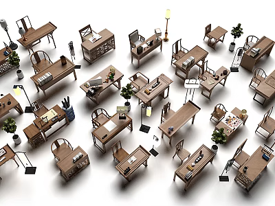Various Wooden Table And Chair Sets With Decorative Plants And Lamps 3d model