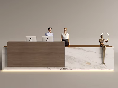 Modern Front Desk Reception With Two Receptionists Computers Wooden Marble Countertop Golden Statue 3d model