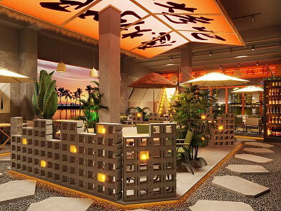 Modern Restaurant Interior With Unique Ceiling Design Green Plants And Cozy Seating Area 3d model