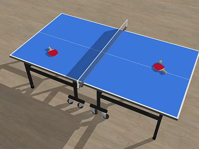 Sports Equipment Blue Table Tennis Table With Red Paddles And Rolling Wheels 3d model