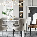 Modern Dining Table Set With Geometric Pendant Lights Chairs And Abstract Artwork 3d model