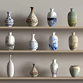 Ceramic Vases Arranged On Shelves With Various Colors Shapes And Patterns 3d model