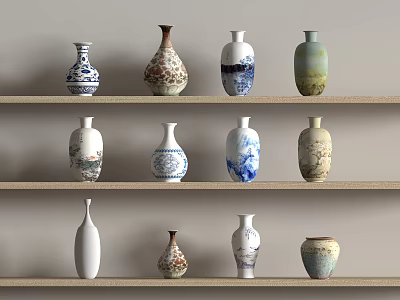 Ceramic Vases Arranged On Shelves With Various Colors Shapes And Patterns 3d model