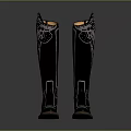 Black Knee High Boots Featuring Yellow Lining Intricate Shaft Patterns And Orange Soles