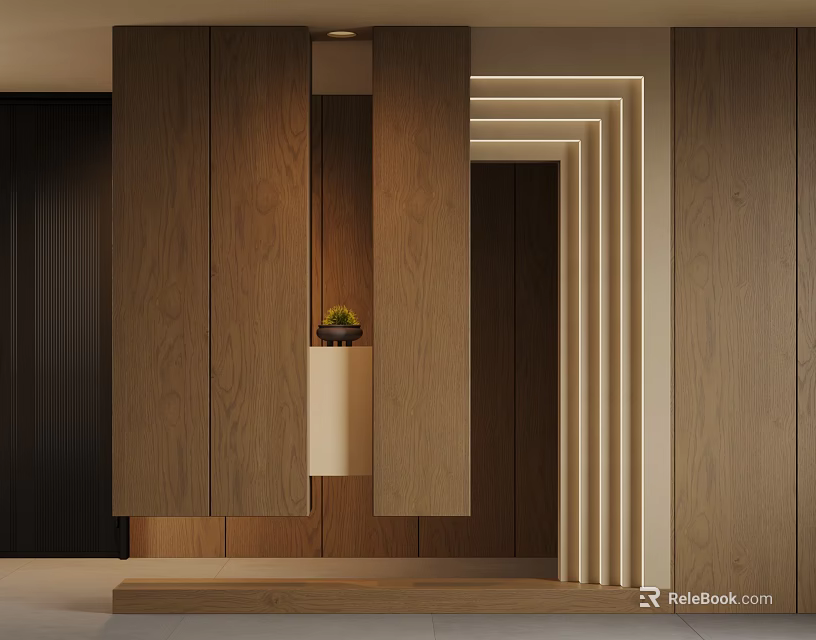 Modern Minimalist Foyer Hallway Design With Wooden Paneling Recessed Lighting And Decorative Plant 3d model 