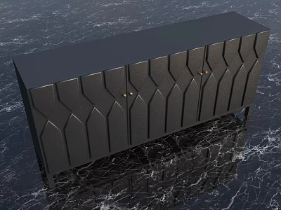 Modern Black Shoe Cabinet With Geometric Pattern Doors And Gold Handles On Marble Floor 3d model