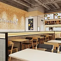 Modern Restaurant Interior With Wooden Walls Menu Posters Counter Dining Tables And Chairs