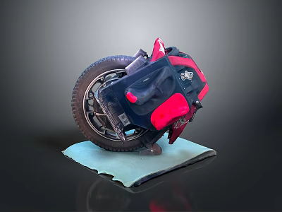 Red and Black Motorcycle Tilted on Light Blue Platform with Dark Background 3d model