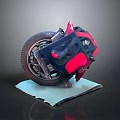 Red and Black Motorcycle Tilted on Light Blue Platform with Dark Background