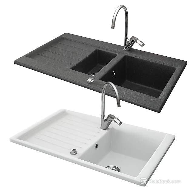 Modern Black And White Kitchen Sinks With Double Bowl Drainer And Faucet 3d model 