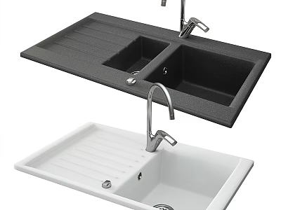 Modern Black And White Kitchen Sinks With Double Bowl Drainer And Faucet 3d model