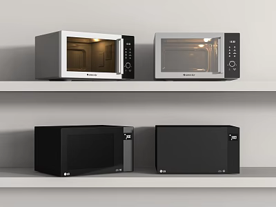 Four Modern Kitchen Microwaves Placed On Shelves As Home Appliances 3d model