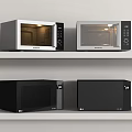 Four Modern Kitchen Microwaves Placed On Shelves As Home Appliances
