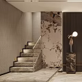 Modern Elevator Hallway With Marble Walls Black Gold Accents Wall Lamp Sculpture And Sleek Flooring