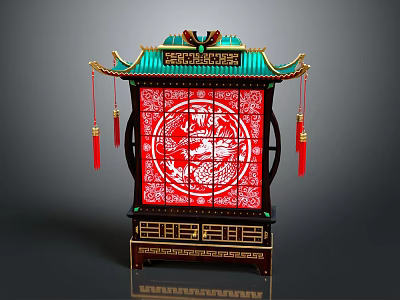 Traditional Chinese Lantern With Green Roof Golden Decorations And Red Dragon Pattern Tassels 3d model
