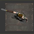 Red Haired Man Holding Gun Wearing Vest And Green Pants With Headphones On Platform