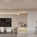 Modern Open Concept Dining Living Room Interior Design With Sofa Coffee Table Artwork Lighting 3d model