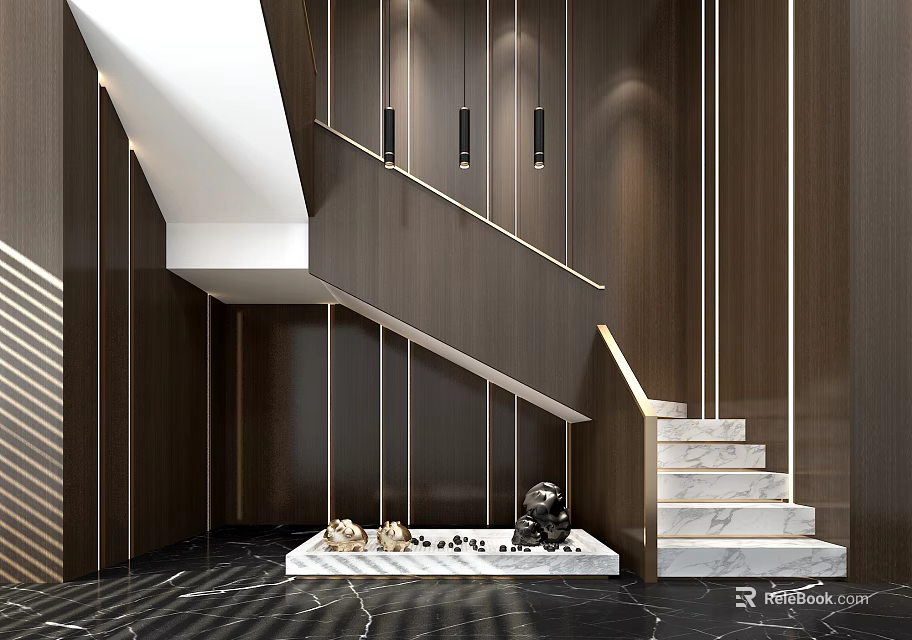 Modern Staircase With Marble Steps Dark Wood Walls Metal Accents And Black Marble Floor 3d model 