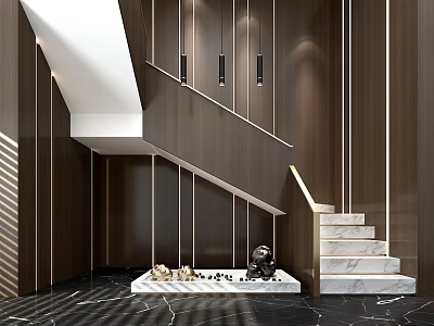 Modern Staircase With Marble Steps Dark Wood Walls Metal Accents And Black Marble Floor 3d model