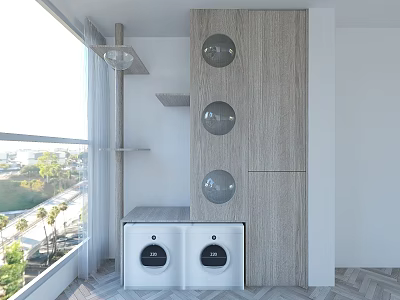 Modern Laundry Room Interior With Washing Machine Dryer Wooden Cabinet And Circular Ornaments 3d model