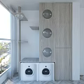 Modern Laundry Room Interior With Washing Machine Dryer Wooden Cabinet And Circular Ornaments