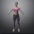 Woman in pink sports bra and grey leggings standing with arms outstretched against grey background