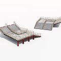 Modern Metal Stairs Structure With Red Support Columns And Gray Steps Railings 3d model