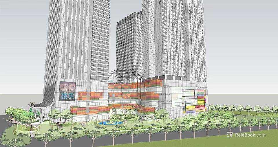 Urban Commercial Street With High Rise Buildings And Colorful Facade Surrounded By Greenery 3d model 