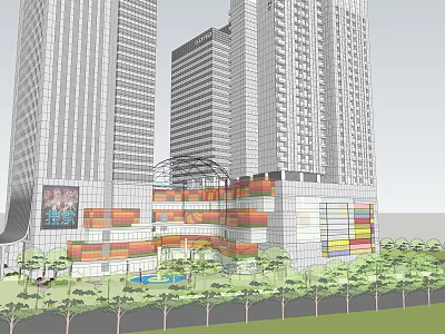 Urban Commercial Street With High Rise Buildings And Colorful Facade Surrounded By Greenery 3d model