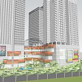 Urban Commercial Street With High Rise Buildings And Colorful Facade Surrounded By Greenery