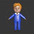 3D Little Boy Doll With Blonde Hair Blue Suit Red Tie Black Background And Reflection