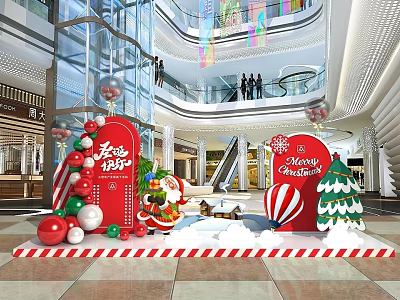 Festive Christmas Photo Spot With Red Decorative Door Santa Claus Trees Candy Canes And Balloons 3d model