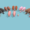 Low Poly Style Pigs In Various Sizes And Colors Standing On Light Blue Background